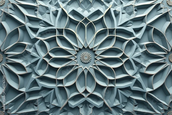 Fototapeta Intricate 3d paper craft design featuring Arabic mandala floral patterns in soft blue or teal tones with layered perspectives and geometric shapes for texture and abstract background decor.