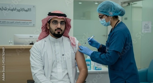 Obraz A man receives a vaccination from a healthcare professional in a modern clinic setting.