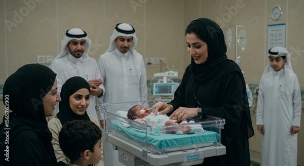 Obraz A family gathers joyfully around a newborn baby in a hospital, sharing a tender moment of love and new beginnings.