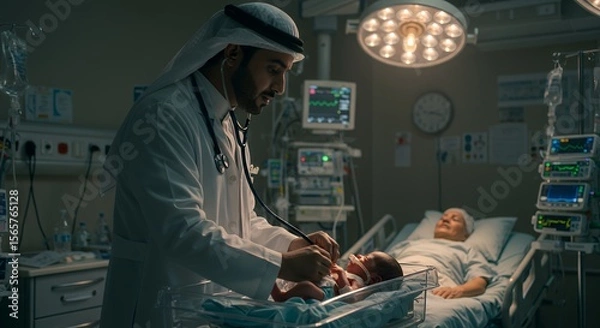 Obraz Compassionate doctor in traditional attire examines a newborn baby in a dimly lit hospital room, while a patient rests nearby.