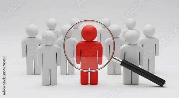 Obraz Magnifying Glass Focusing on a Red Figure Among White Figures: A Conceptual Image of Recruitment, Talent Acquisition, or Unique Individual
