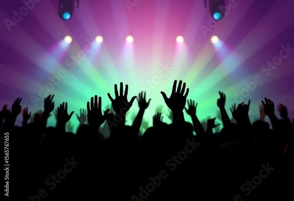 Fototapeta Silhouettes of raised hands in a lively crowd, flat style design,  design,  gathering