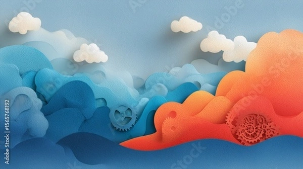 Fototapeta Abstract soft digital background with flowing continent forms and gear icons, evoking global connectivity, calm workspace, and smooth technological flow.