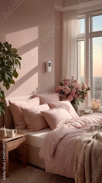 Fototapeta Tranquil pastel bedroom with sunlight, soft linens, fresh blooms, and an AI sleep monitor discreetly mounted for a seamless blend of comfort and modern wellness tech

