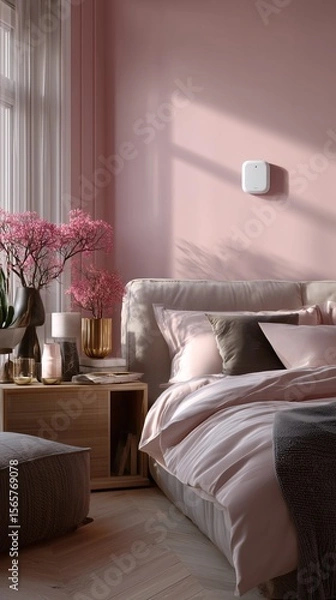 Fototapeta Serene pastel bedroom with plush bedding, warm sunlight, floral accents, and an AI sleep monitor blending seamlessly into the modern, tech-integrated wall design