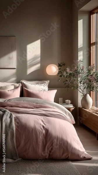 Fototapeta Elegant pastel bedroom with natural light and AI sleep monitor seamlessly blending into a serene, minimalist interior for restful and tech-enhanced sleep

