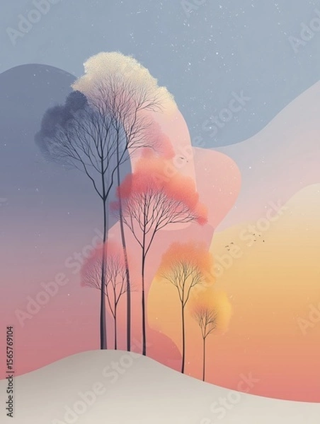 Fototapeta Peaceful abstract landscape with soft pastel gradient sky, delicate tree silhouettes, and floating shapes that evoke a calm, screen-free moment in nature

