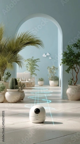Fototapeta Tranquil smart home with tropical plants and futuristic pet camera projecting tracking lines in a soft-focus minimalist interior.
