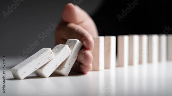 Fototapeta Decisive risk mitigation concept shown by executive hand halting domino chain to prevent cascading failure.
