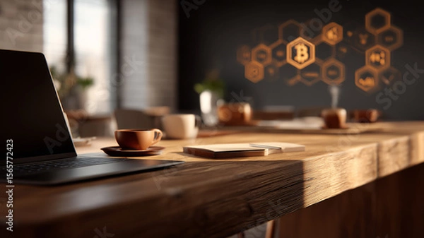 Fototapeta Modern co-working coffee corner set for blockchain brainstorming with laptop and cryptocurrency network icons on wall.
