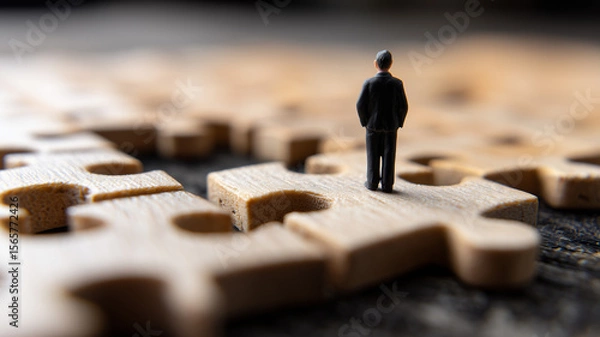 Fototapeta Miniature executive stands on central puzzle piece symbolizing strategic leadership in complex decision making.
