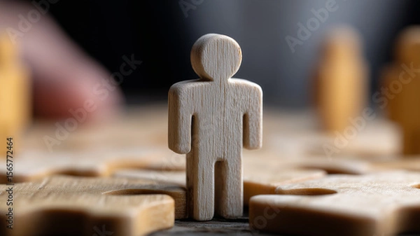 Fototapeta Miniature executive stands on central puzzle piece symbolizing strategic leadership in complex decision making.
