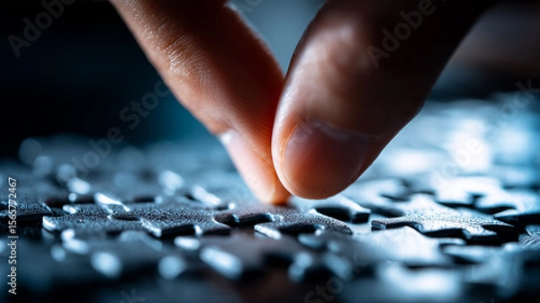 Fototapeta Careful fingers place final puzzle piece illustrating problem solving precision and innovative fit.
