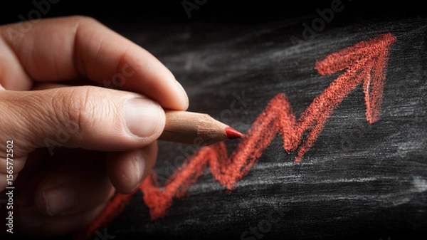Fototapeta Hand sketches rising bar chart on chalkboard demonstrating business growth planning and performance analytics.
