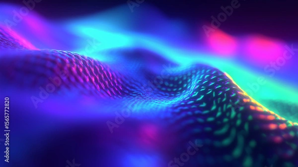 Fototapeta Undulating mesh of iridescent neon fabric waves in cyan, magenta and violet, evoking futuristic digital landscapes and quantum technology fields.
