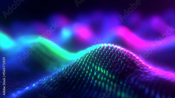 Fototapeta Undulating mesh of iridescent neon fabric waves in cyan, magenta and violet, evoking futuristic digital landscapes and quantum technology fields.
