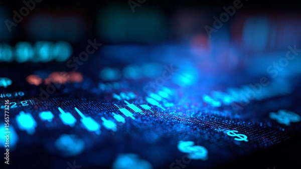 Fototapeta Stacks of coins rise from an electronic circuit board with hovering neon dollar symbols, visualizing digital currency and fintech prosperity.
