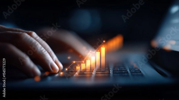 Fototapeta Hands typing on a laptop keyboard while a luminescent bar graph ascends, representing online business success through data-driven growth strategies.
