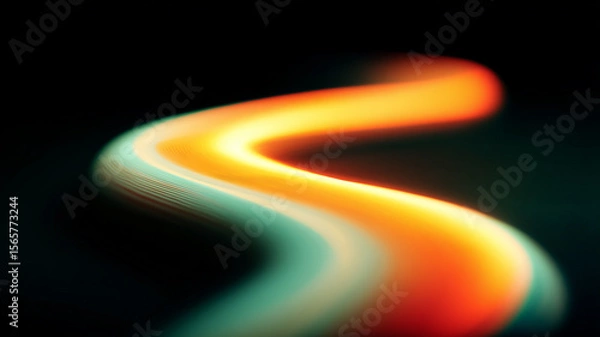 Fototapeta Single serpentine neon light trail streaks through darkness, depicting innovation, speed and the search for a bright technological future.
