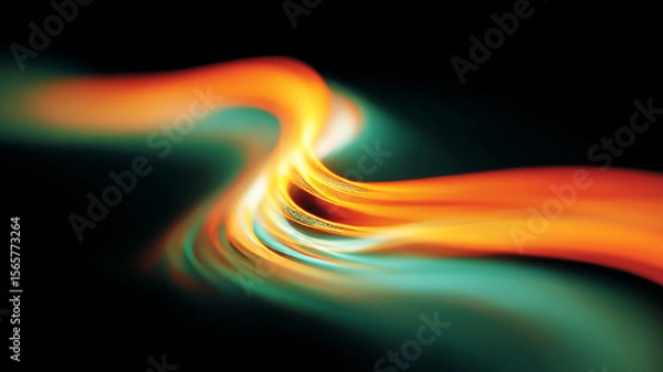 Fototapeta Single serpentine neon light trail streaks through darkness, depicting innovation, speed and the search for a bright technological future.
