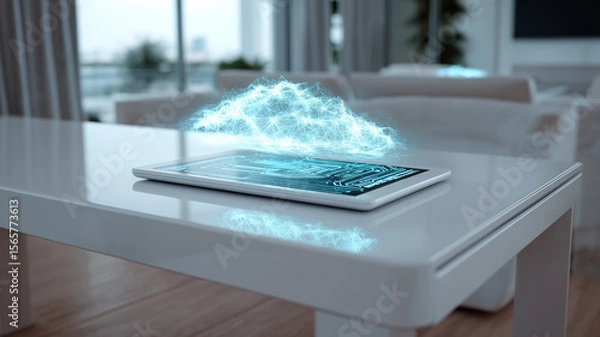 Fototapeta Holographic Cloud Hovering Above Tablet Depicts Modern Mobile Cloud Storage Technology
