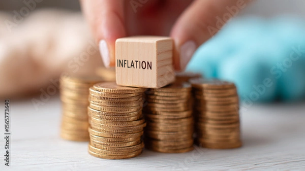 Fototapeta Wooden Inflation Block Placed on Coin Stacks Portrays Rising Prices and Economic Pressure
