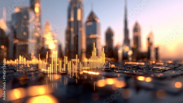 Fototapeta Illuminated skyscraper skyline integrated with glowing candlestick graphs illustrating urban economic growth in a miniature smart city model at sunrise.
