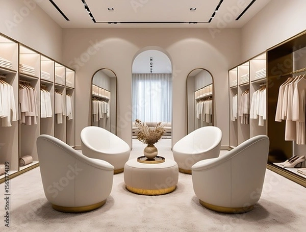 Obraz Luxury modern walk-in closet interior with elegant white chairs, center table, arched doorway, and organized wardrobe shelves, designed with minimalist and sophisticated aesthetics

