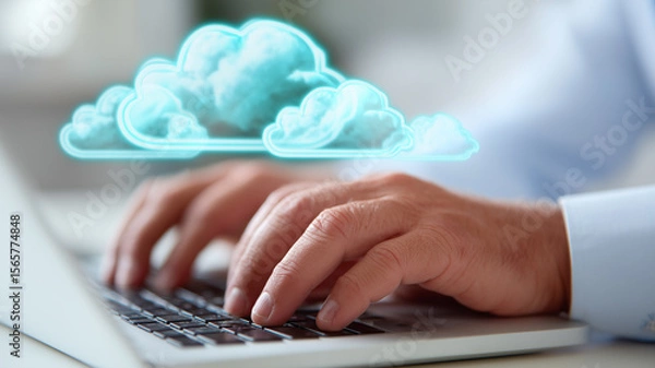 Fototapeta Hands Typing Beneath a Holographic Cloud Illustrating Seamless Enterprise Cloud Computing
