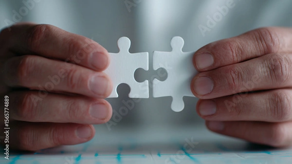 Fototapeta Two Puzzle Pieces Joining Together to Represent Strategic Partnership and Problem Solving
