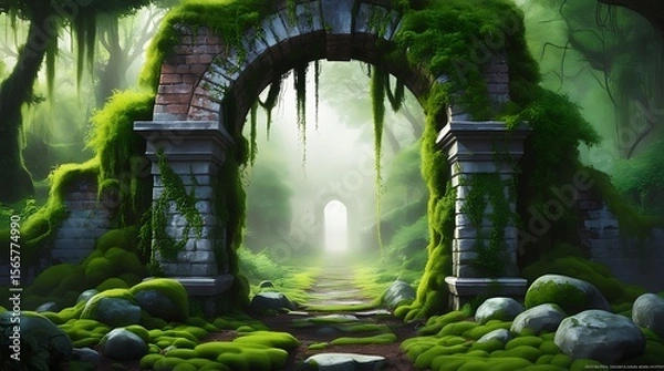 Obraz Mysterious ancient stone archway covered in moss and surrounded by lush green forest, glowing with soft magical light, creating a surreal fantasy landscape full of wonder and mystery

