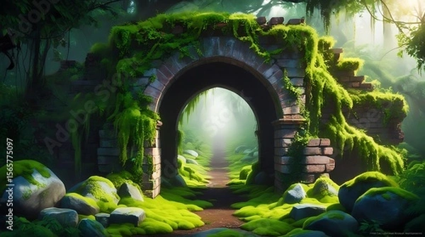 Obraz Mysterious ancient stone archway covered in moss and surrounded by lush green forest, glowing with soft magical light, creating a surreal fantasy landscape full of wonder and mystery

