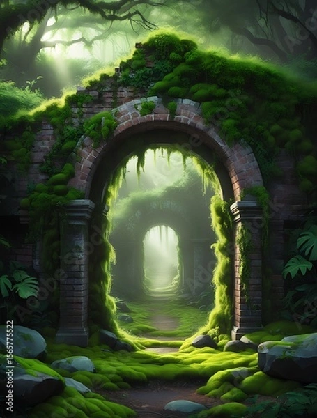Obraz Mysterious ancient stone archway covered in moss and surrounded by lush green forest, glowing with soft magical light, creating a surreal fantasy landscape full of wonder and mystery

