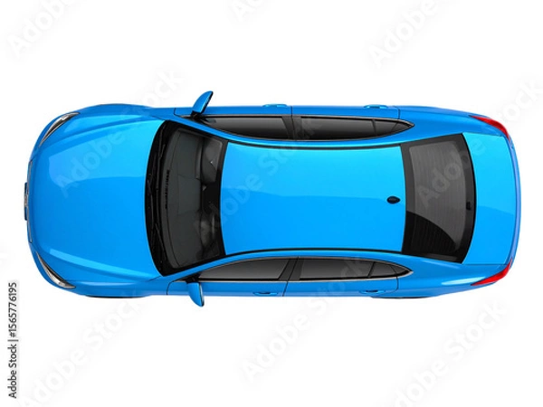 Fototapeta Blue car viewed from above; suitable for automotive, transportation, parking, and urban lifestyle concepts in design and marketing projects.