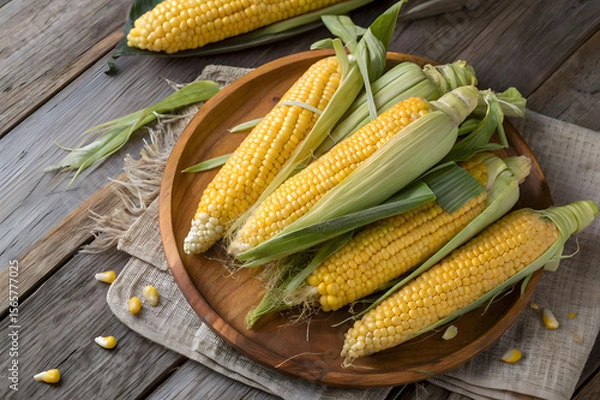 Fototapeta Freshly picked corn on the cob from above