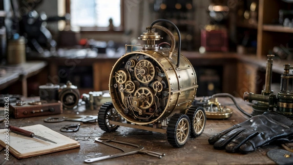 Fototapeta Intricate brass mechanical model rests on a vintage workbench in a workshop filled with tools and gadgets.