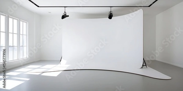 Obraz Professional photography studio interior with white seamless paper backdrop setup, natural light from large window, clean minimalist space perfect for portrait, product, or fashion shoot

