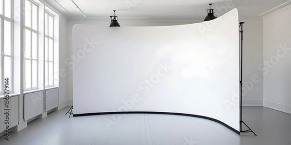 Obraz Professional photography studio interior with white seamless paper backdrop setup, natural light from large window, clean minimalist space perfect for portrait, product, or fashion shoot

