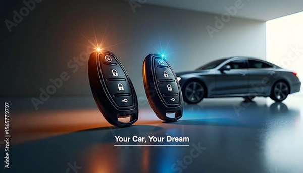 Fototapeta Car keys prominently displayed with a luxury car in the background and motivational text
