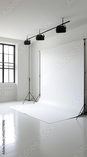 Obraz Professional photography studio interior with white seamless paper backdrop setup, natural light from large window, clean minimalist space perfect for portrait, product, or fashion shoot


