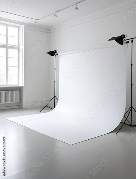 Obraz Professional photography studio interior with white seamless paper backdrop setup, natural light from large window, clean minimalist space perfect for portrait, product, or fashion shoot

