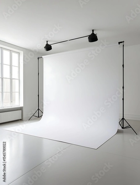Obraz Professional photography studio interior with white seamless paper backdrop setup, natural light from large window, clean minimalist space perfect for portrait, product, or fashion shoot

