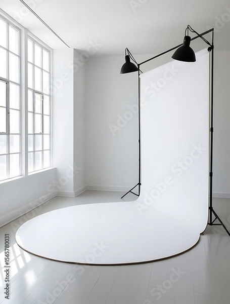 Obraz Professional photography studio interior with white seamless paper backdrop setup, natural light from large window, clean minimalist space perfect for portrait, product, or fashion shoot

