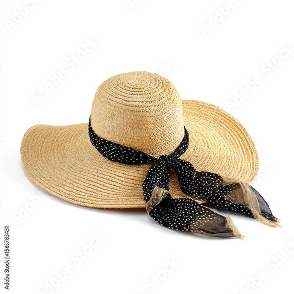 Fototapeta A stylish straw sun hat with a black polka dot scarf, perfect for summer outings at the beach