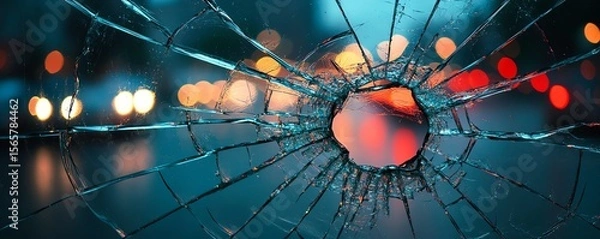 Fototapeta Shattered glass, cracks, destruction, broken window, night, city lights, abstract background
