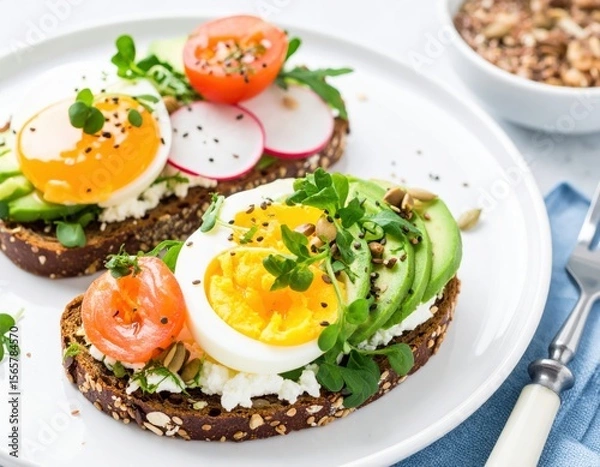 Fototapeta Delicious Healthy Breakfast Toast with Avocado and Eggs