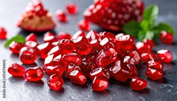 Obraz Close-up Of Red Pomegranate Seeds And Leaves On A Dark Stone Surface