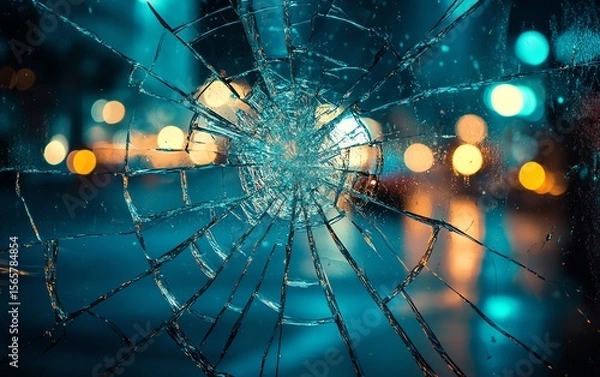 Fototapeta Shattered glass, cracks, destruction, broken window, night, city lights, abstract background