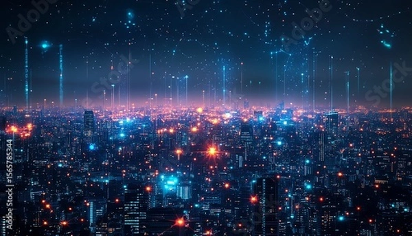 Fototapeta Smart cityscape illuminated by blockchain transactions