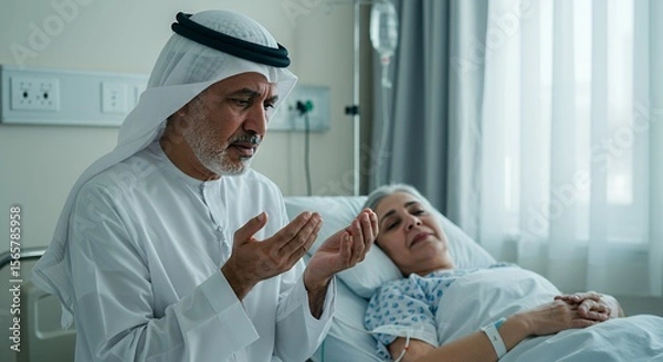 Obraz A man in traditional Middle Eastern attire prays earnestly beside a sick woman lying in a hospital bed, conveying a sense of hope and faith.